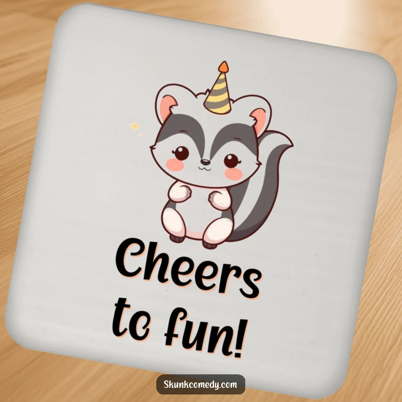 Funny Kawaii Skunk Coaster with a skunk holding a celebratory party horn, protecting surfaces with festive cheer, a cute gift.