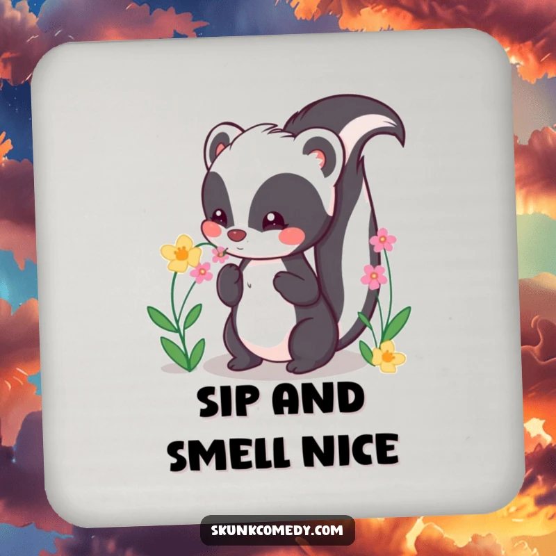 Funny Kawaii Skunk Drink Coaster featuring a cute skunk sniffing flowers, protecting surfaces with charm.