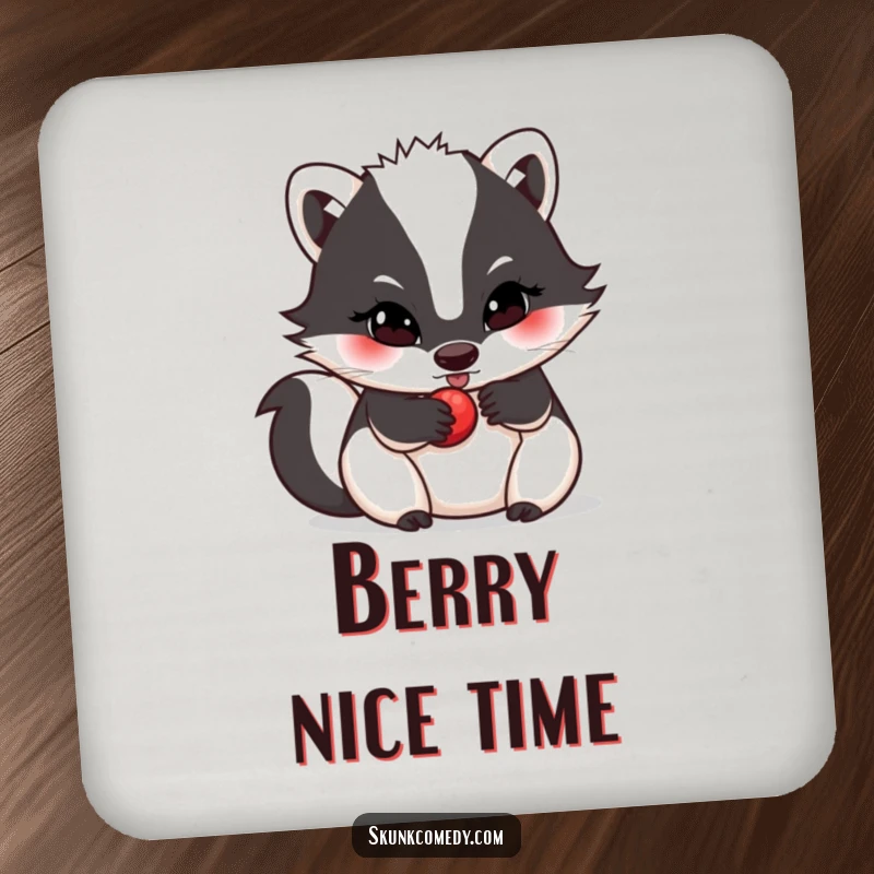 Funny skunk coaster, determined look, rolling a small berry, protects surfaces with focus, a perfect funny gift.