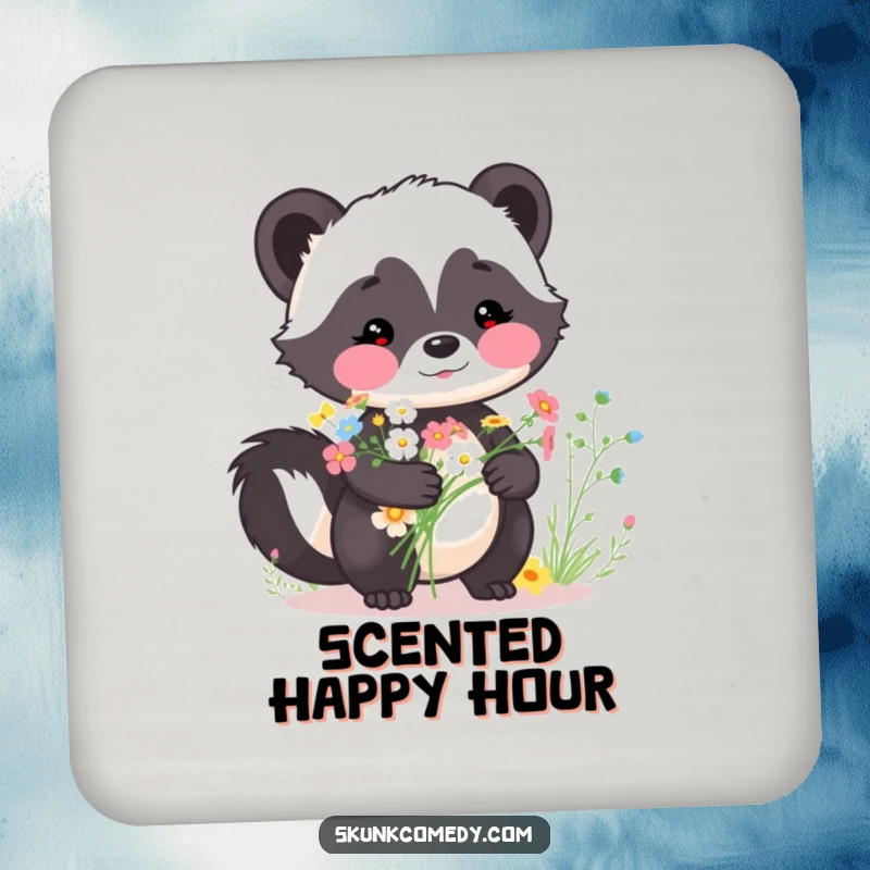 Funny skunk coaster, rosy cheeks, holding a bouquet of wildflowers, protects surfaces with charm, a perfect funny gift.