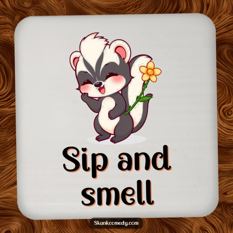 Funny skunk drink coaster depicting a skunk happily twirling a flower, offering surface protection with a touch of humorous beauty.