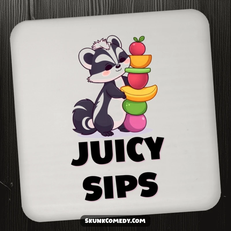 Funny skunk coasters (set of 4) displaying a skunk balancing colorful fruits, providing humor and surface protection for drinks.