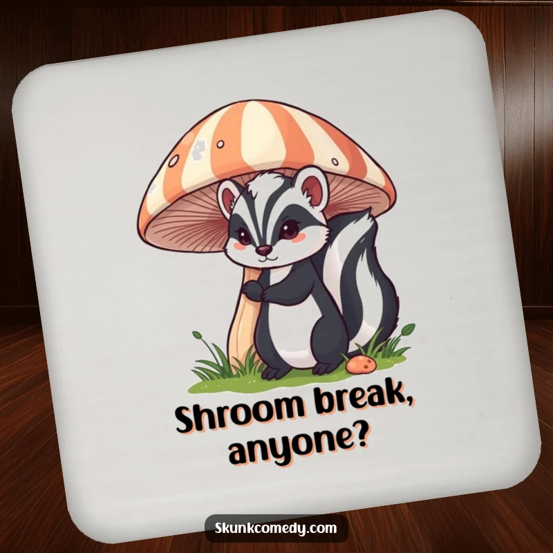 Funny skunk drink coaster with a skunk peeking from behind a large, striped mushroom, protecting surfaces with humor.