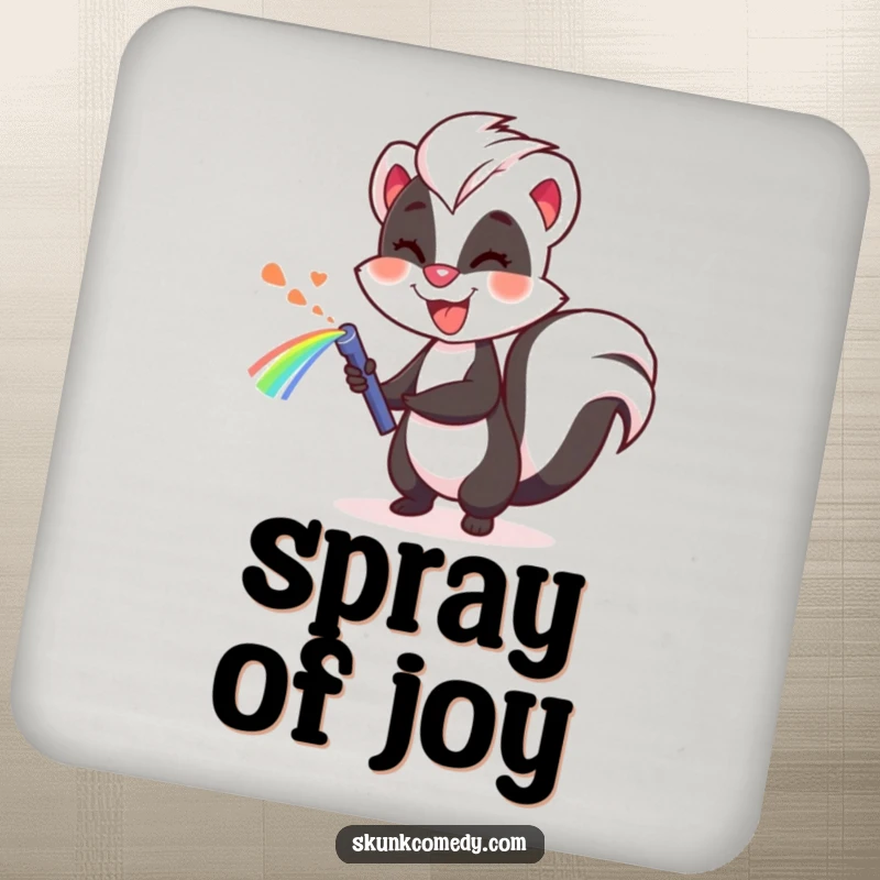 Funny skunk coasters, cheerfully spraying a rainbow, protecting surfaces with colorful and humorous art.