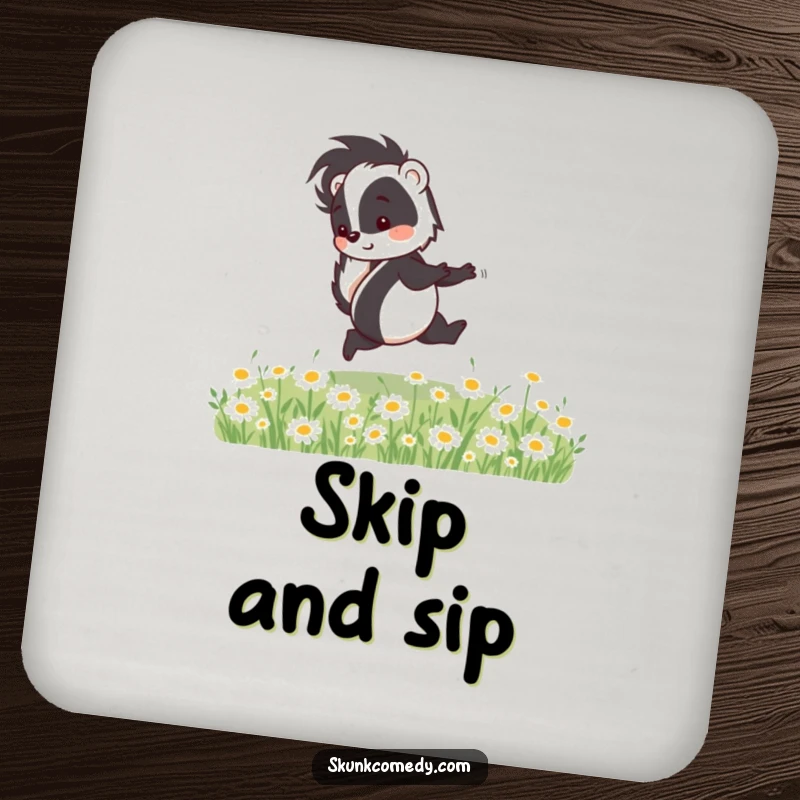 Funny skunk coaster depicting a happy skunk skipping through daisies, adding cheerful humor to drink protection.