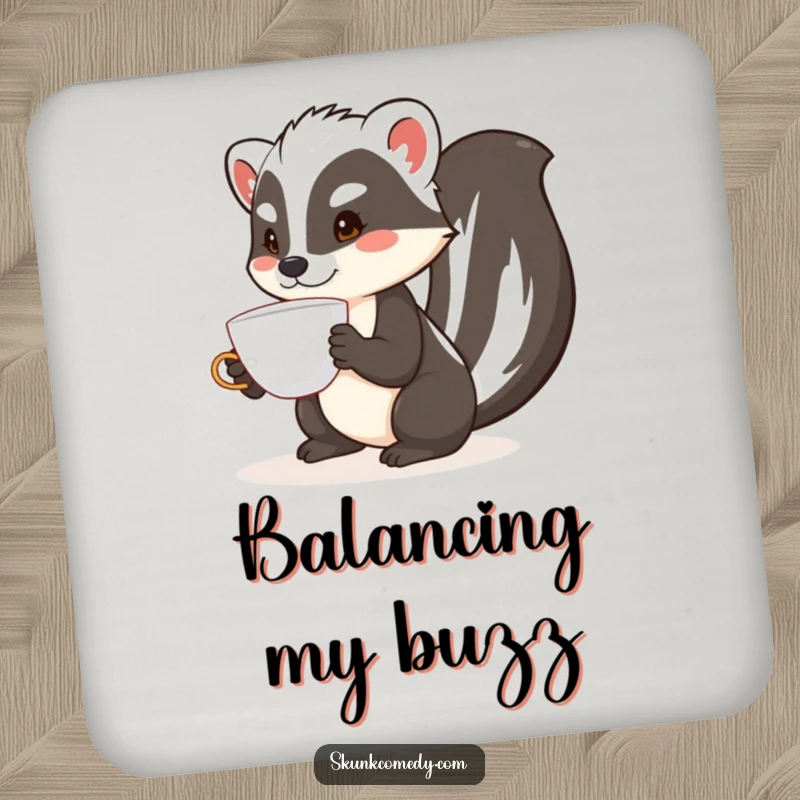 Funny skunk coaster depicting a skunk concentrating while balancing a teacup on its nose, protecting surfaces.