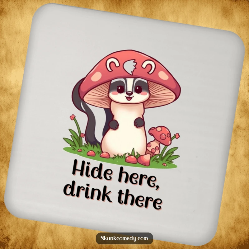 Funny skunk peeking behind a giant mushroom, set of coasters, cute woodland protector, humorous home accessory.