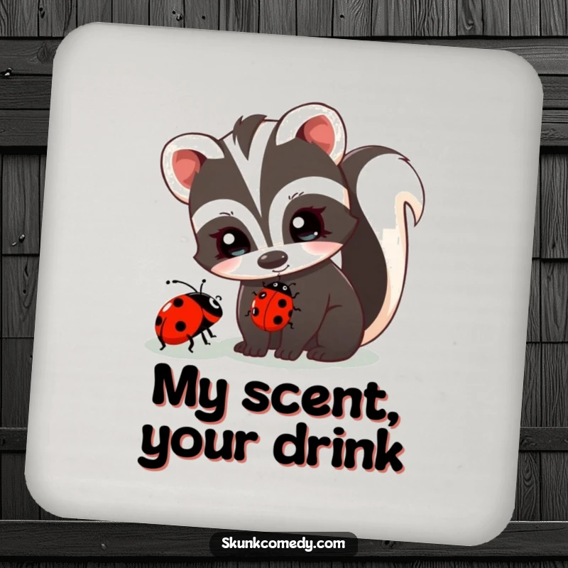 Funny skunk with twinkling eyes curiously observes a ladybug, set of coasters, cute table protector, humorous home accessory.