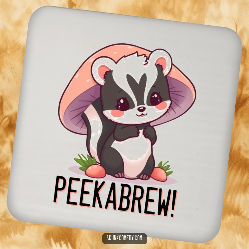Funny kawaii skunk peeking from behind a mushroom, a cute and humorous design for this drink coaster.