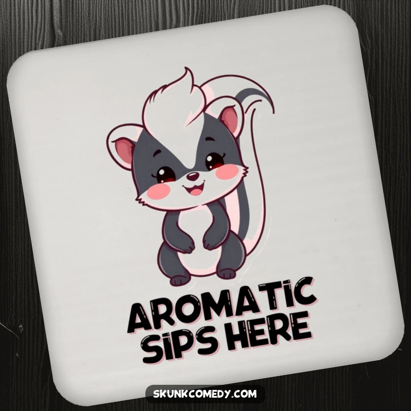 Funny Kawaii Skunk coaster with a smiling skunk and raised tail, perfect for adding friendly humor and charm to any table.