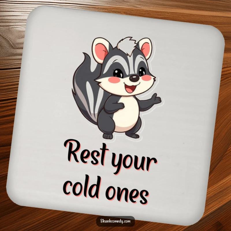Funny skunk coasters, a smiling skunk waving hello, protects surfaces and adds humor, great funny gift.