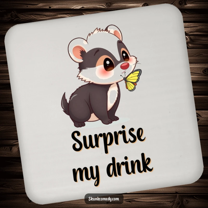 Funny skunk with a surprised expression as a butterfly lands on its nose on protective drink coasters, bringing whimsical charm.