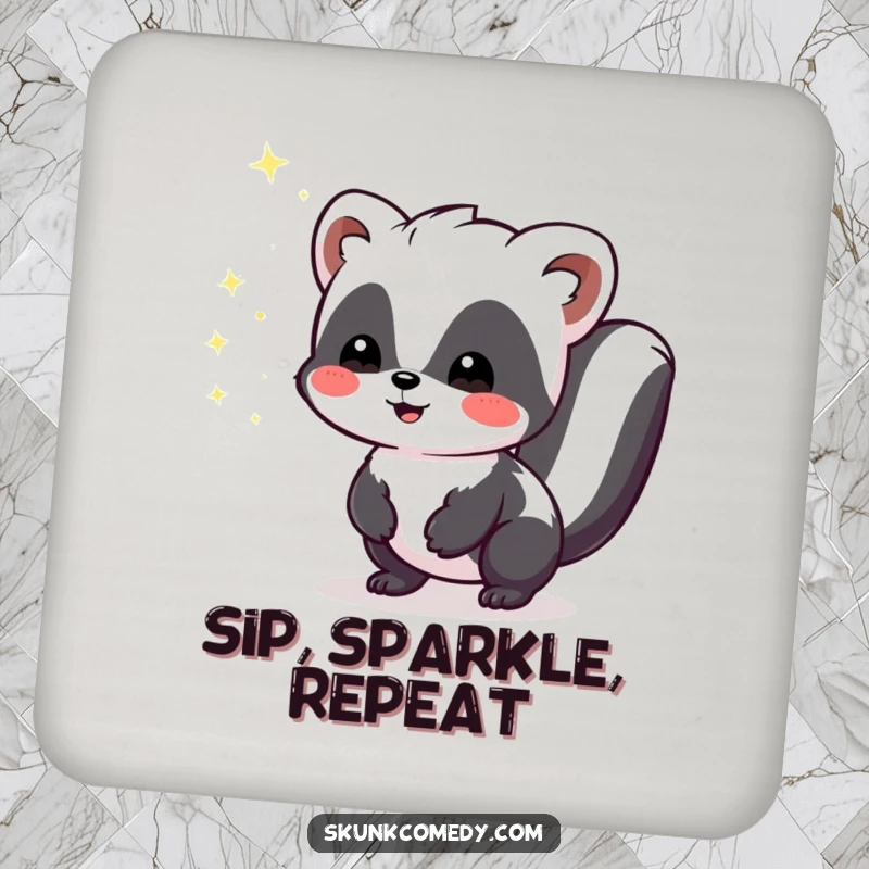 Funny Kawaii Skunk coaster depicting a cute skunk emitting tiny, harmless sparkles of joy, perfect for protecting surfaces.