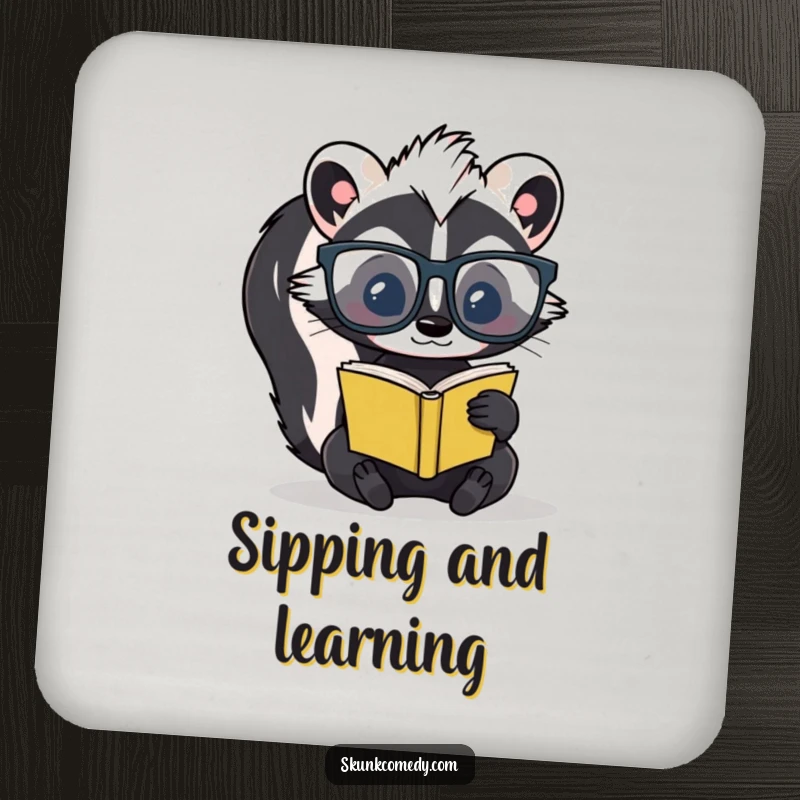 Funny skunk with oversized glasses reading a tiny book on protective drink coasters, bringing scholarly charm to any table.
