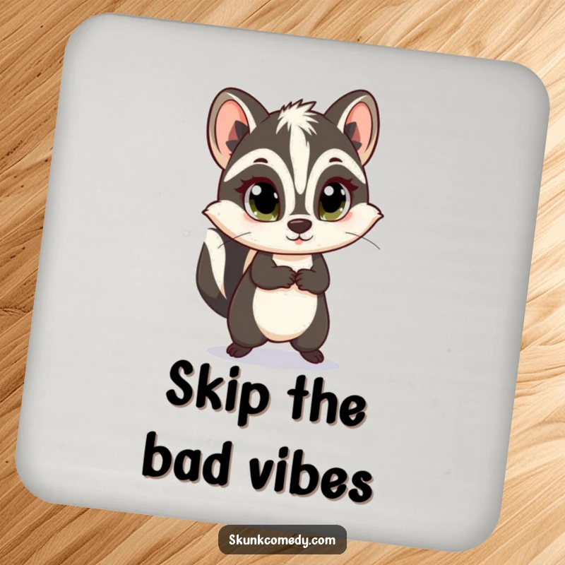 Funny skunk drink coaster with wide, innocent eyes mid-skip, adding a touch of playful charm to surfaces.