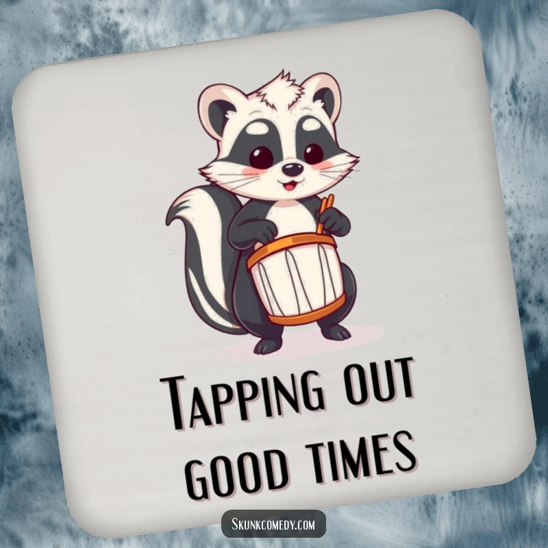 Funny skunk coaster featuring a skunk playing a tiny drum, adding musical charm to any surface.