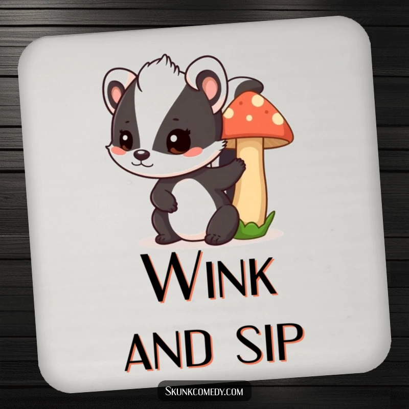 Funny skunk mushroom coaster, a playful skunk peeks from behind a mushroom, protects surfaces with woodland humor.