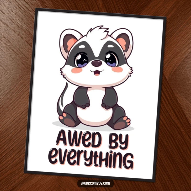 Funny Kawaii Skunk poster of a skunk with surprised, wide eyes looking upwards, radiating amusing wonder and comical charm.