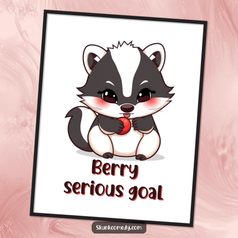 Funny skunk poster, determined expression, rolling a small berry, motivational artwork, a perfect funny gift.