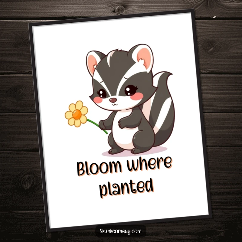 Funny Kawaii Skunk poster of a skunk charmingly offering a flower, radiating adorable charm and heartfelt sweetness.