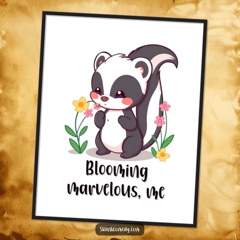 Funny Kawaii Skunk Poster art of a cute skunk with tail up, happily sniffing flowers, bringing floral joy.