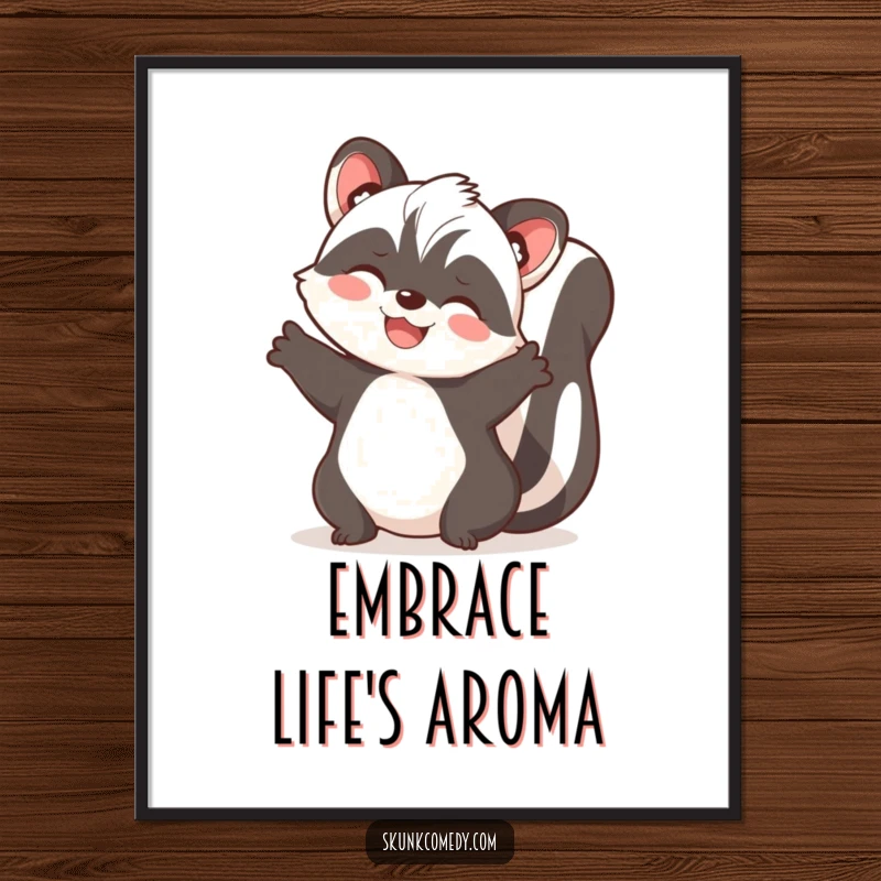 Funny skunk poster art of a skunk spreading its paws wide, inviting everyone into a cheerful, joyful embrace.