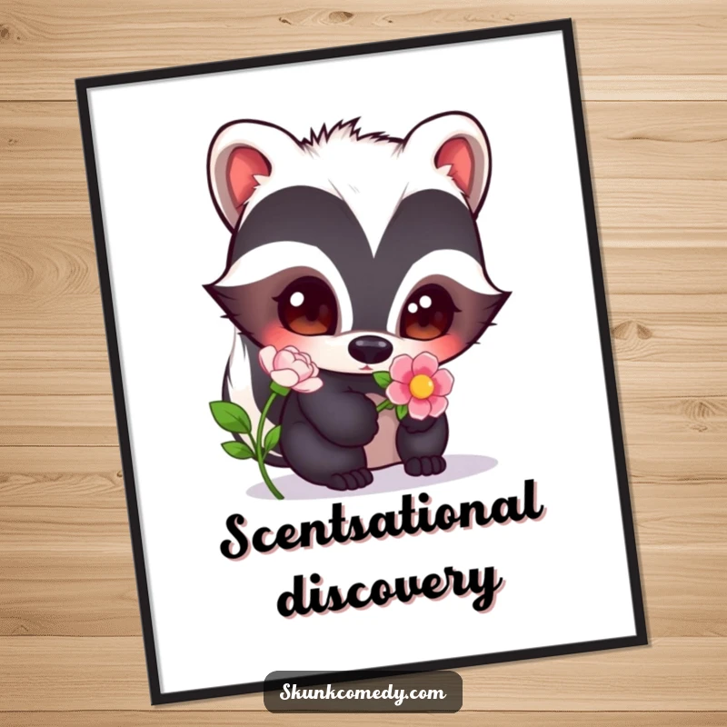 Funny skunk with wide, curious eyes closely sniffing a blooming flower, creating a moment of wonder on this poster.