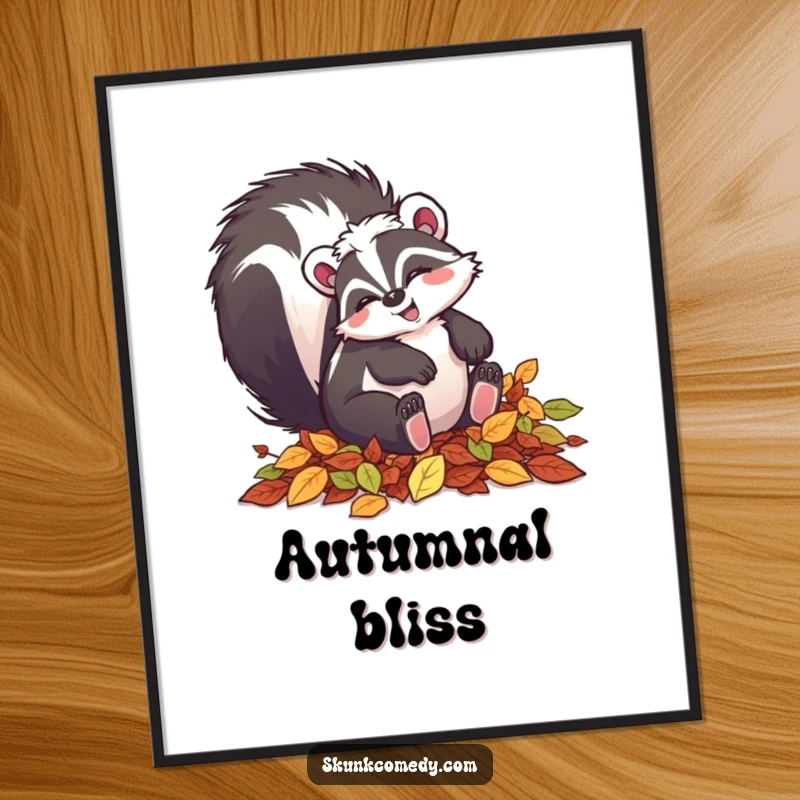 Funny skunk poster depicting a happy skunk joyfully tumbling in a vibrant pile of fall leaves.