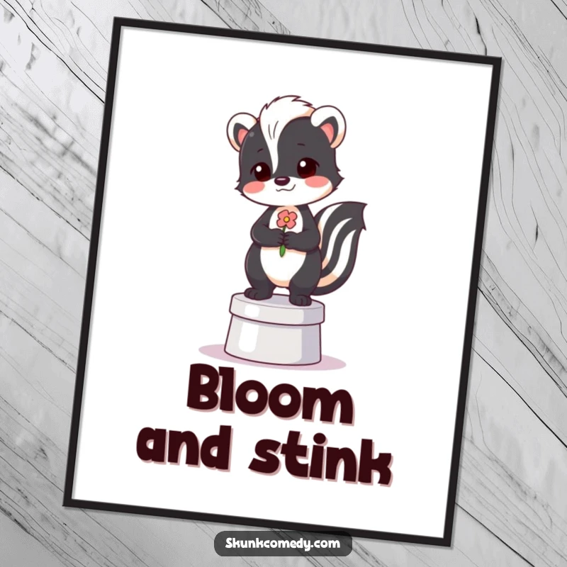 Funny poster art of a proud skunk standing on a small pedestal, delicately holding a flower.