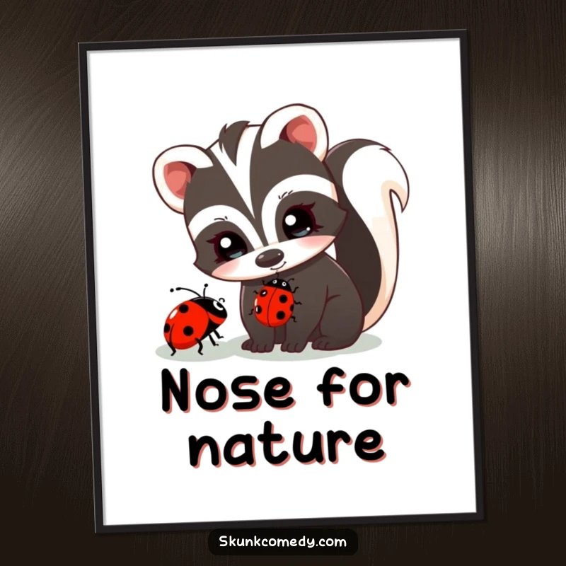 Funny skunk with twinkling eyes curiously watches a ladybug on a leaf, charming wall art poster, cute animal illustration.