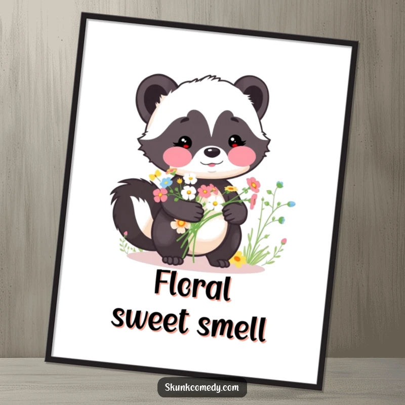 Funny skunk poster, rosy cheeks, holding a delicate bouquet of wildflowers, charming nature-inspired artwork, a perfect funny gift.