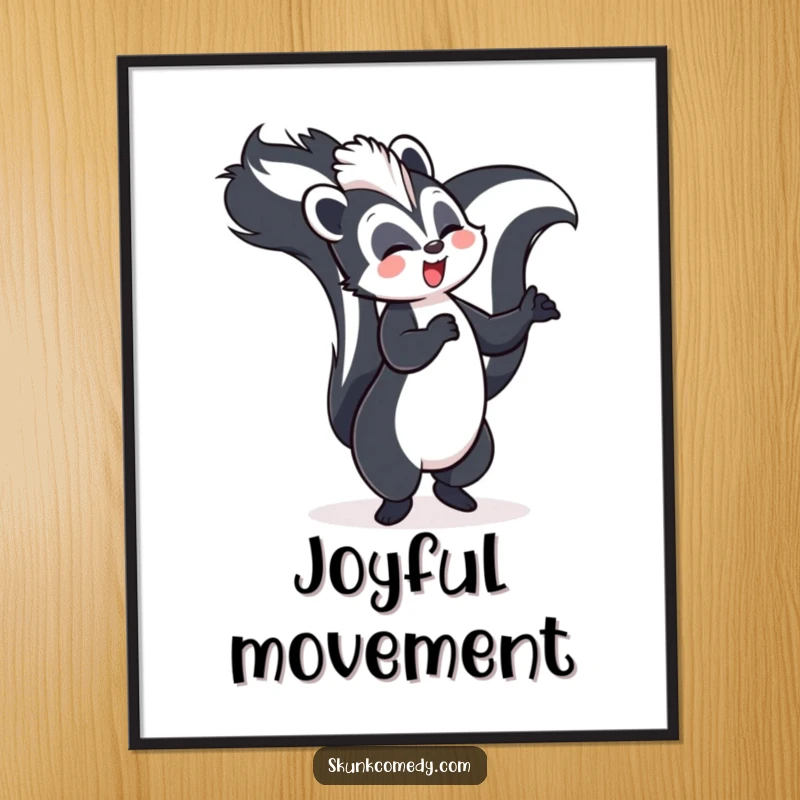 Funny skunk poster, joyfully dancing with its tail held high, vibrant and humorous wall art.