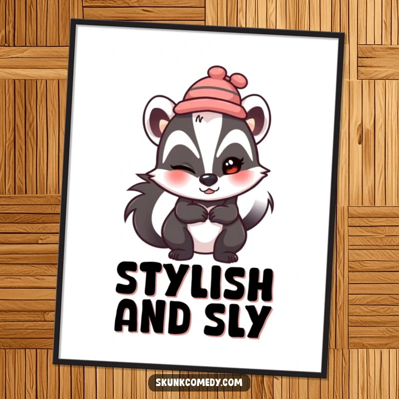Funny skunk poster, wearing a tiny hat, winking mischievously, humorous wall art for decor.