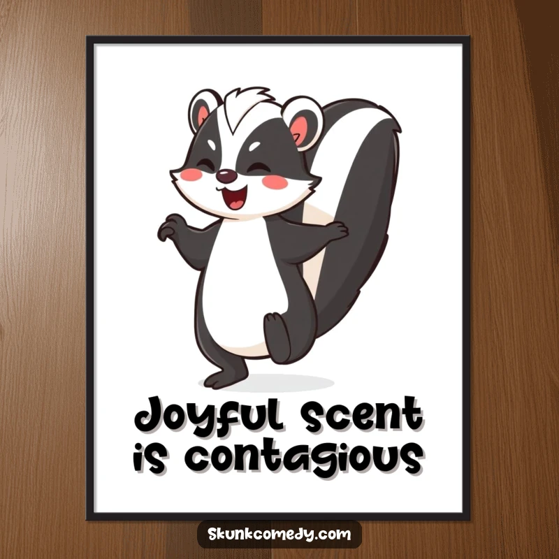 Funny skunk poster, a skunk joyfully dancing with its striped tail held high, energetic and humorous wall decor.