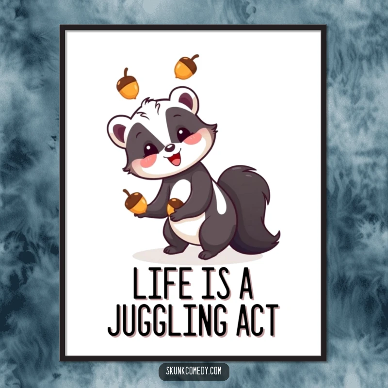 Funny skunk poster, a skunk happily juggling three colorful acorns, whimsical woodland wall art for nature lovers.