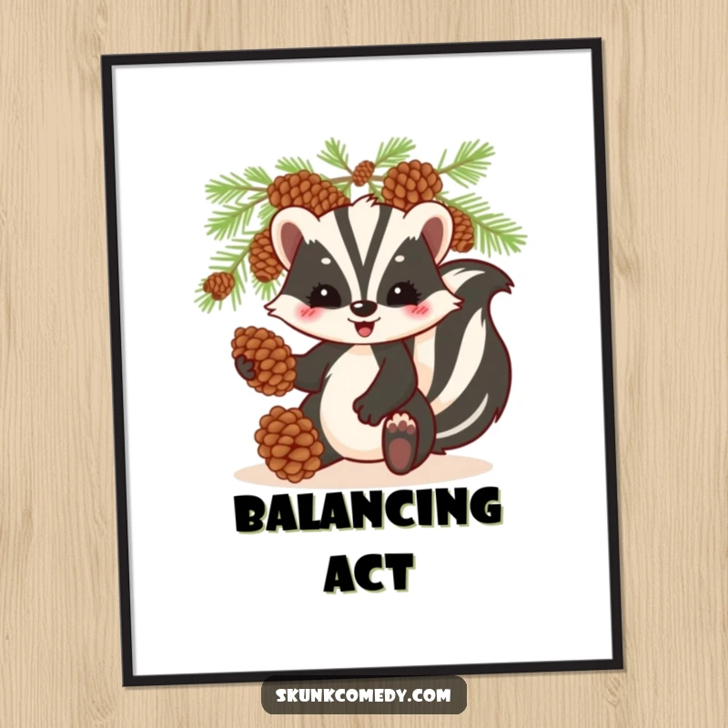 Funny skunk poster, playfully juggling pinecones, humorous woodland art for wall decoration.