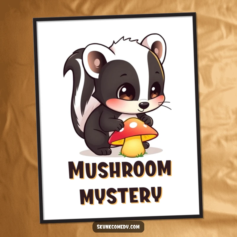Funny poster of a wide-eyed skunk curiously sniffing a vibrant, glowing mushroom, capturing an enchanting forest moment.