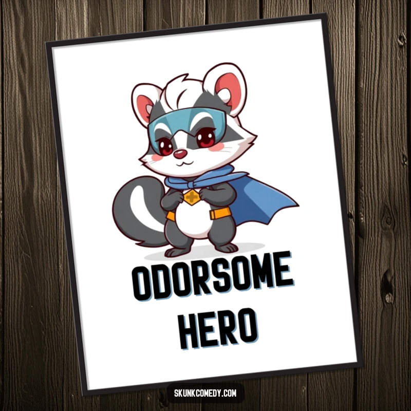 Funny skunk poster showing a skunk in a superhero costume with a cape, striking a heroic pose.