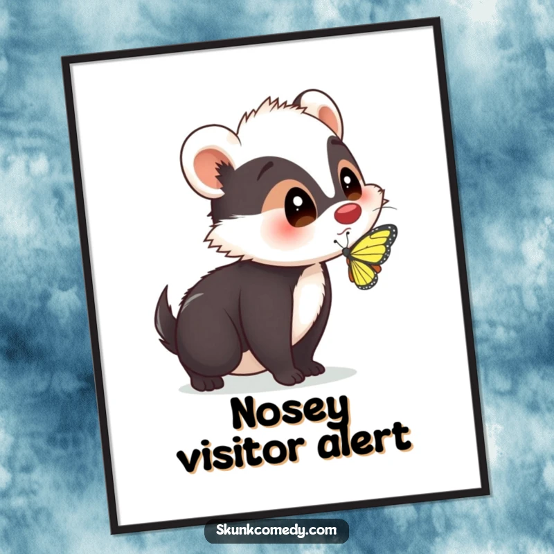 Funny skunk with a comical surprised expression as a butterfly lands on its nose, displayed as an amusing poster.