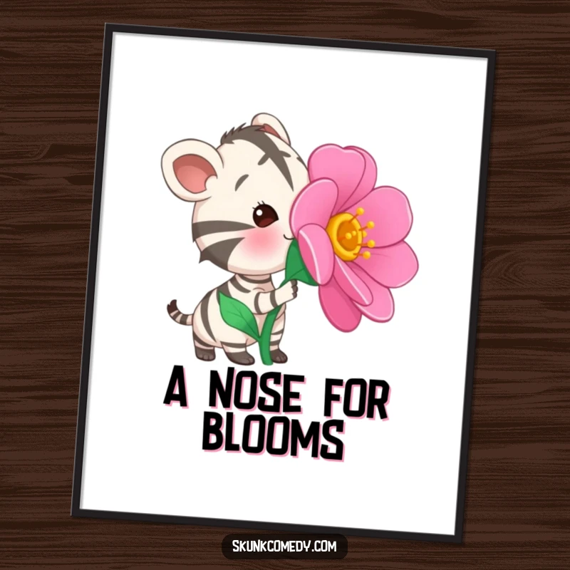 Funny Striped Animal Poster featuring a curious striped creature curiously sniffing a large, vibrant, oversized flower with wonder.