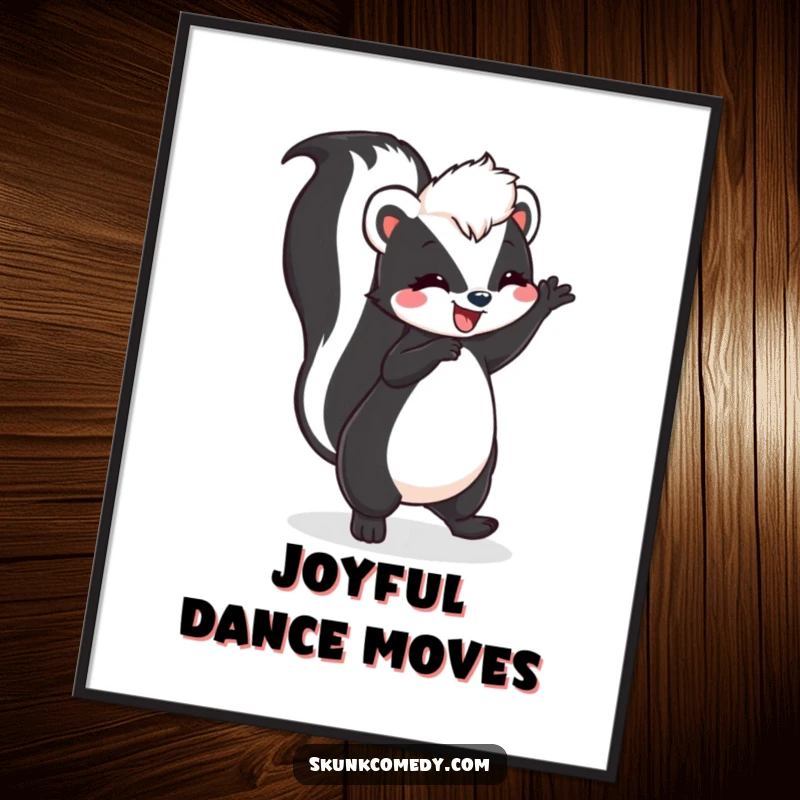 Funny skunk performing a joyful dance with its tail held high, depicted as a vibrant and happy poster.