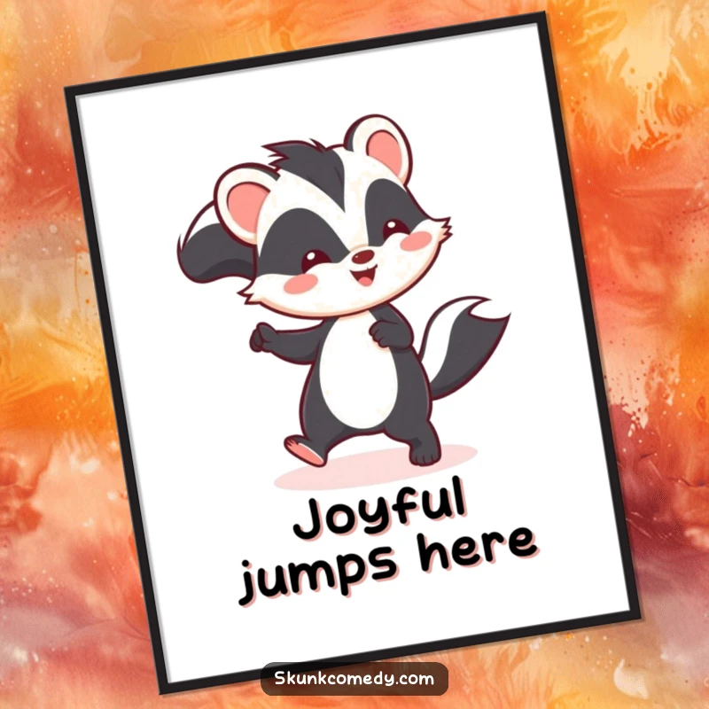 Funny Kawaii skunk poster showcasing a happy skunk doing a playful hop, bringing cheer and artistic humor.