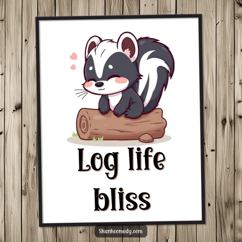 Funny skunk log poster, a skunk sits on a comfortable log with a relieved sigh, capturing a moment of peaceful humor.