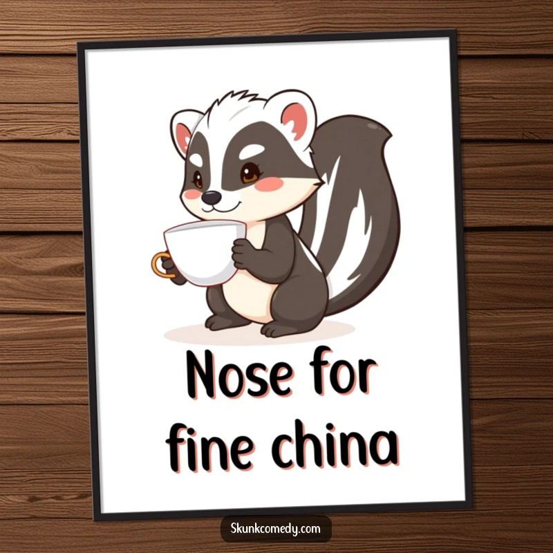 Funny skunk poster featuring a whimsical skunk attempting to balance a teacup on its nose with admirable focus.