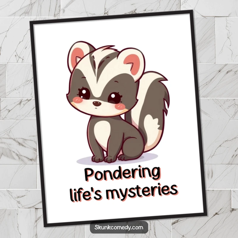 Funny Kawaii Skunk Poster featuring a skunk with a tilted head, showcasing gentle curiosity and artistic charm for wall art.