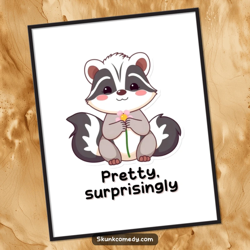 Funny poster of a shy skunk offering a flower with a gentle smile, creating a heartwarming and humorous atmosphere on any wall.