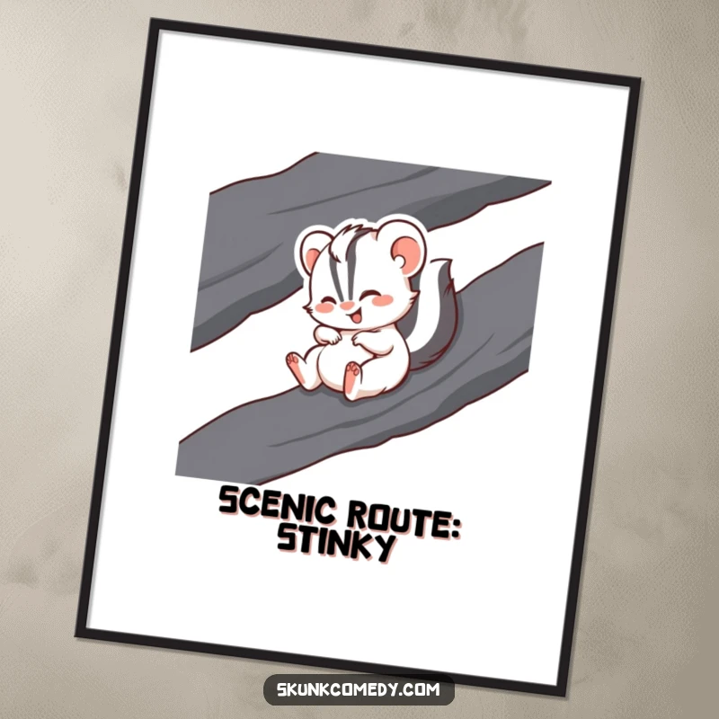 Funny poster art depicting a skunk joyfully giggling while sliding down a smooth, dark rock.