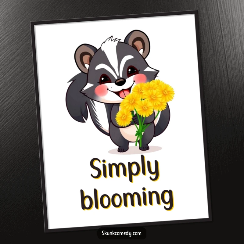Funny skunk poster showcasing a skunk with a wide grin holding a large bouquet of oversized dandelions, adding cheerful humor to decor.