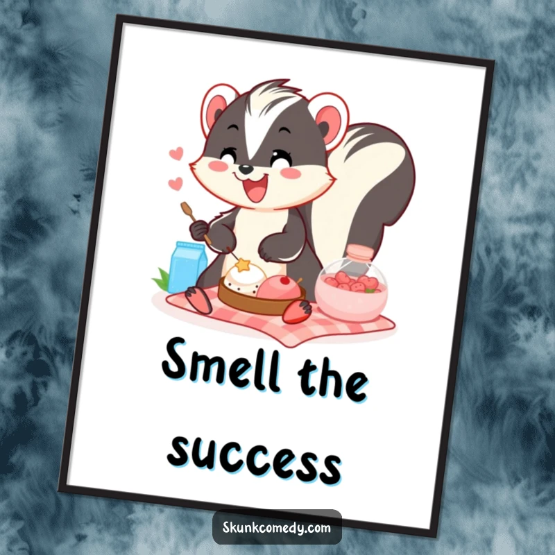 Funny skunk picnic poster featuring a jovial skunk with a big smile sharing a meal outdoors, bringing warmth.