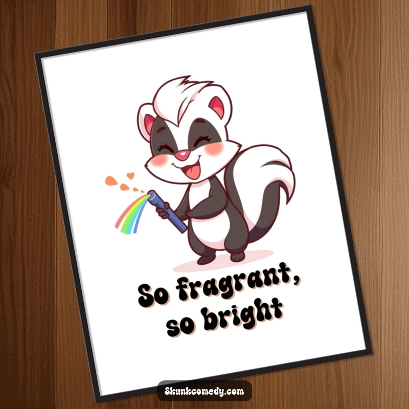Funny skunk poster, cheerfully spraying a rainbow, vibrant and humorous wall art for decoration.